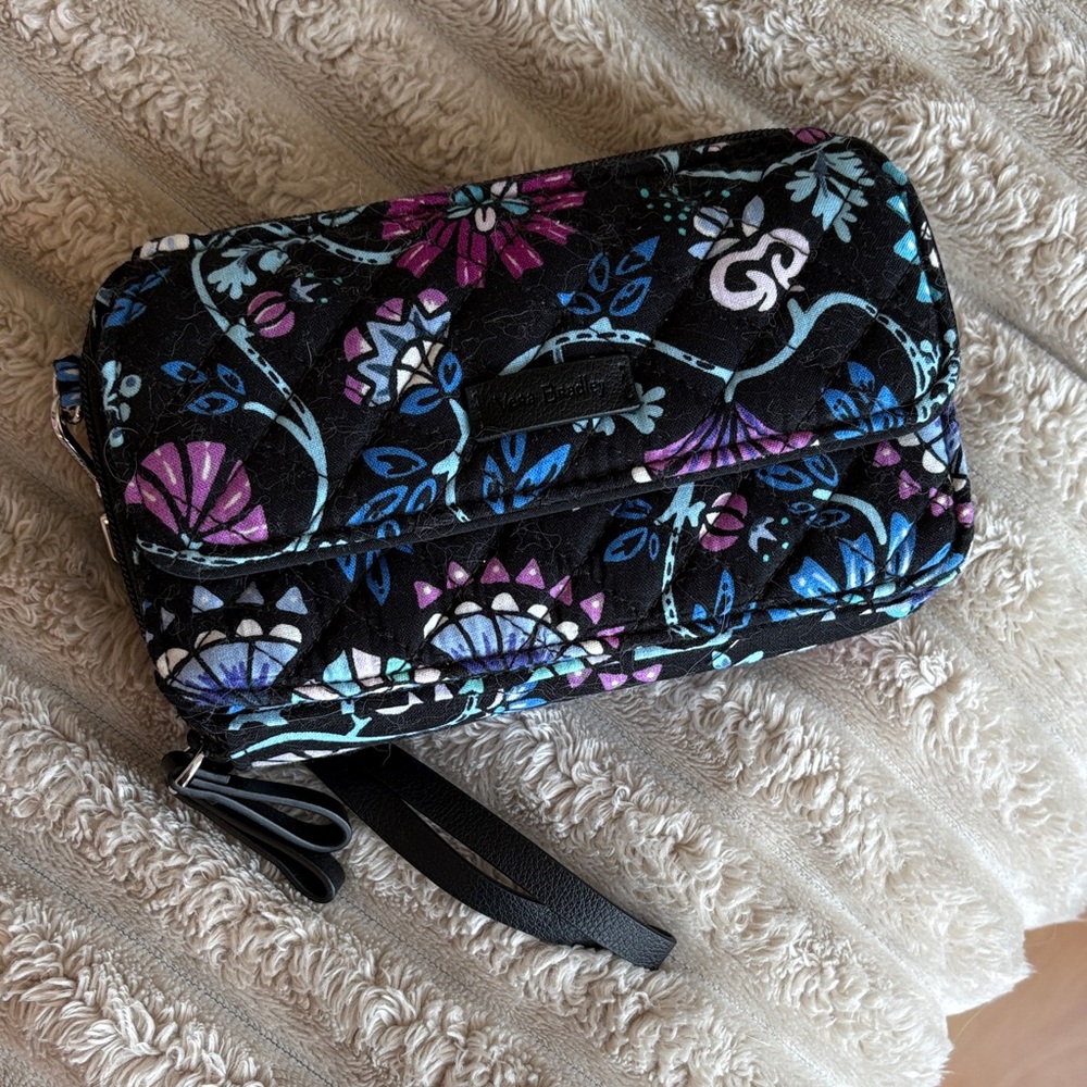 Vera Bradley Black and Purple Floral Wristlet